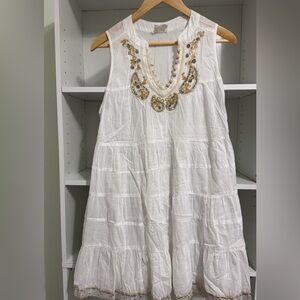 Free People White Gauze Metallic Embellished Sleeveless Shift Mini Dress Size S